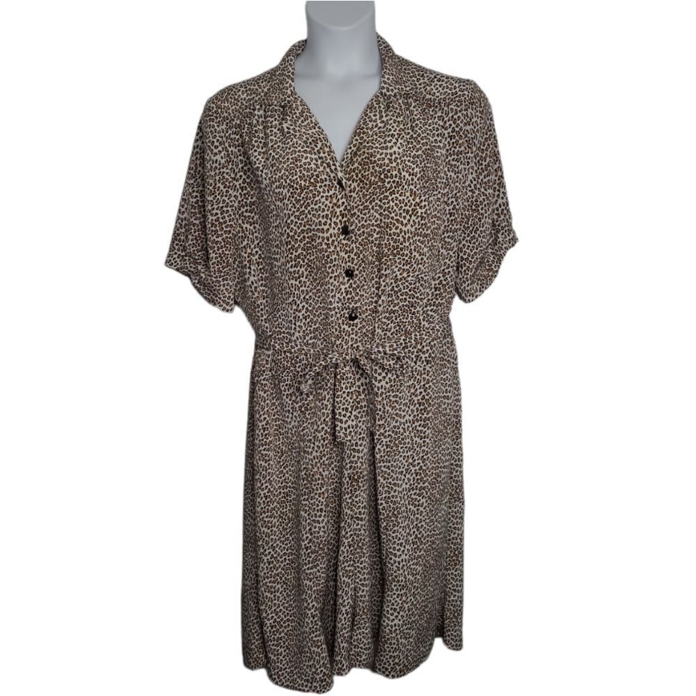 VINTAGE 90s cheetah animal print short sleeve button up shirt dress volup 2X‎